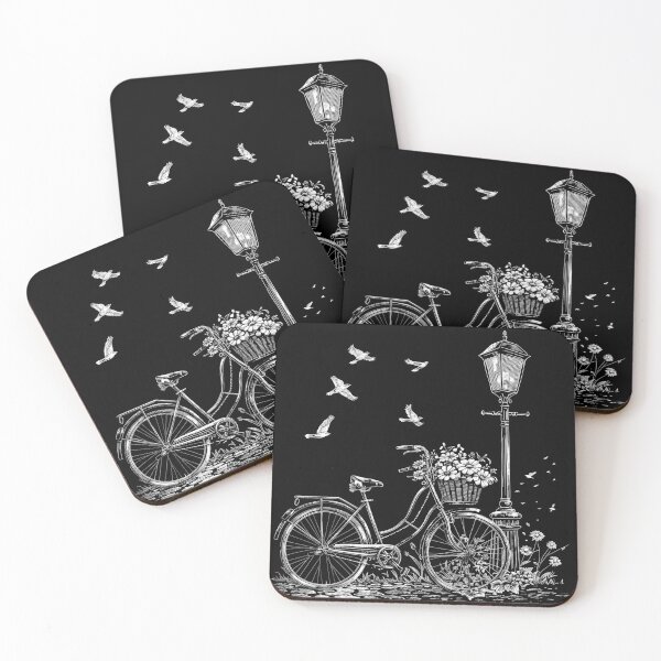 Item preview, Vintage Bicycle with Flower Basket and Street Lamp Black and White Art Design designed and sold by inkoutninja.