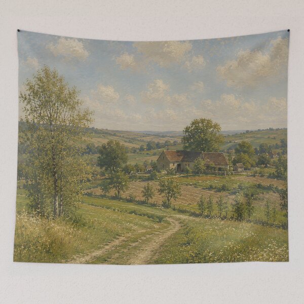 Item preview, Peaceful European Countryside Farmhouse Landscape Painting designed and sold by GutyzDesignsES.