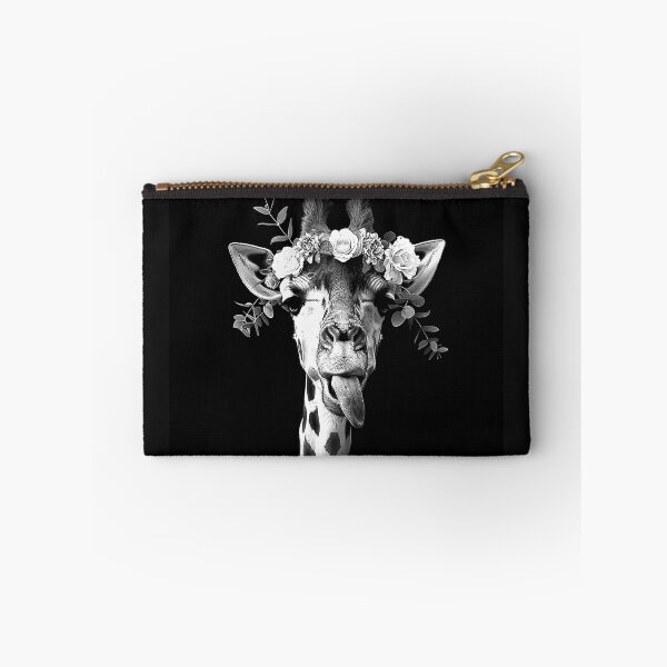 Item preview, Funny Giraffe with Flower Crown and Tongue Out Black and White Floral Animal Art designed and sold by inkoutninja.