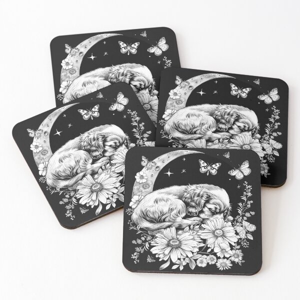 Item preview, Sleeping Puppy on Crescent Moon with Flowers and Butterflies Black and White Art designed and sold by inkoutninja.