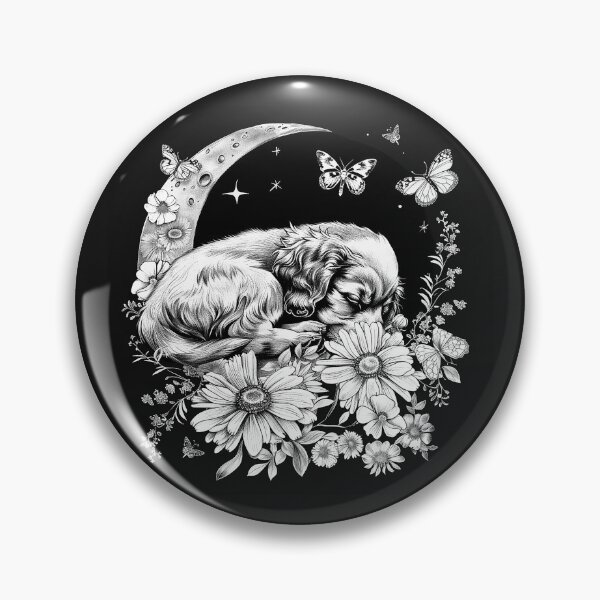 Artikelvorschau, Schlafender Welpe auf Halbmond mit Blumen und Schmetterlingen – Schwarz-Weiß-Kunst entworfen und verkauft von inkoutninja.