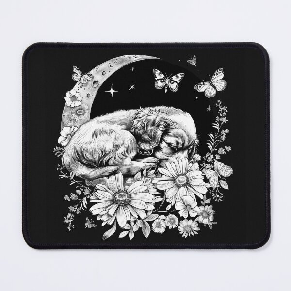 Item preview, Sleeping Puppy on Crescent Moon with Flowers and Butterflies Black and White Art designed and sold by inkoutninja.