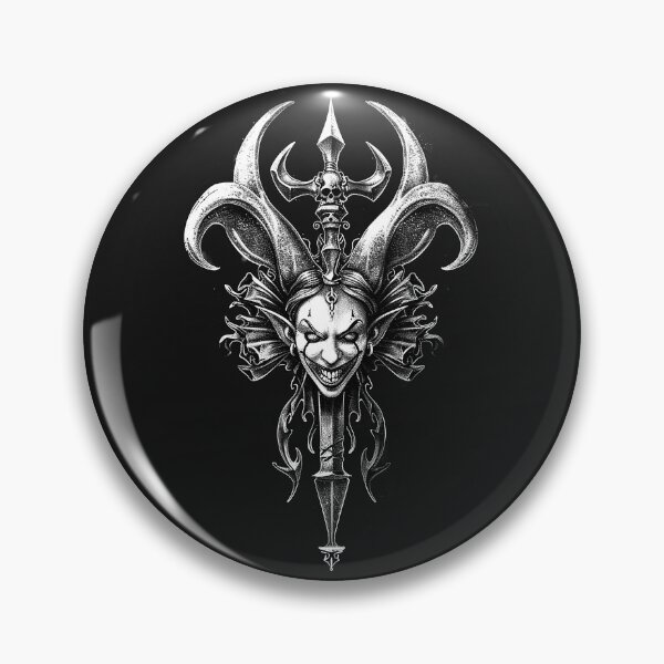 Item preview, Gothic Jester Skull Dagger with Horned Clown Face Black and White Horror Art designed and sold by inkoutninja.