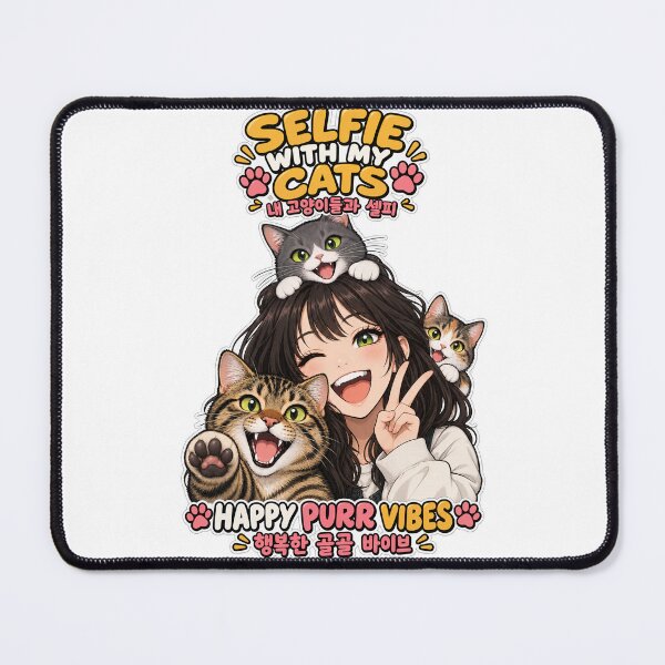 Item preview, Cute K-Aesthetic Anime Girl Selfie with Cats - Happy Purr Vibes designed and sold by SeoulVibeStudio.