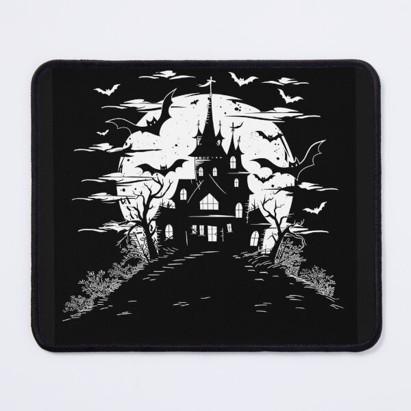 Item preview, Haunted Gothic Castle with Bats and Full Moon Black and White Halloween Art designed and sold by inkoutninja.