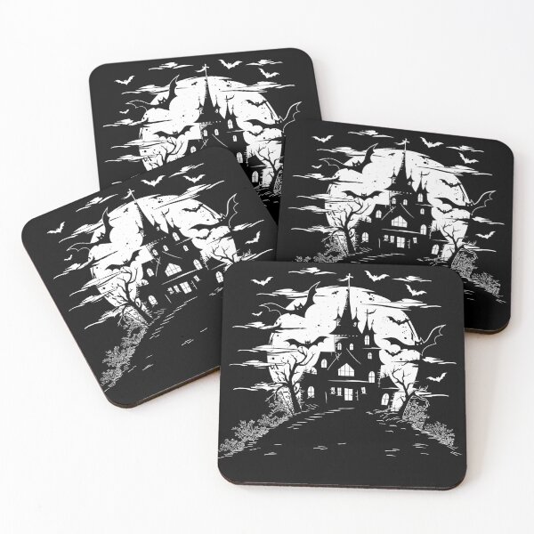 Item preview, Haunted Gothic Castle with Bats and Full Moon Black and White Halloween Art designed and sold by inkoutninja.