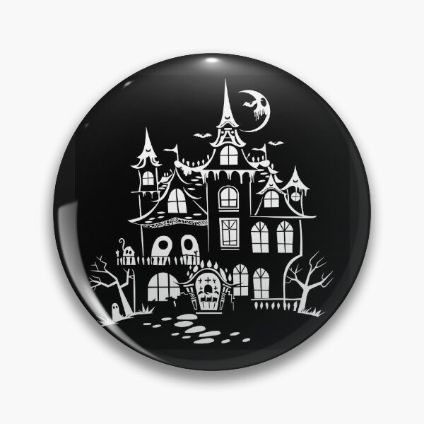 Item preview, Haunted Mansion with Ghosts Bats and Crescent Moon Black and White Halloween Art designed and sold by inkoutninja.