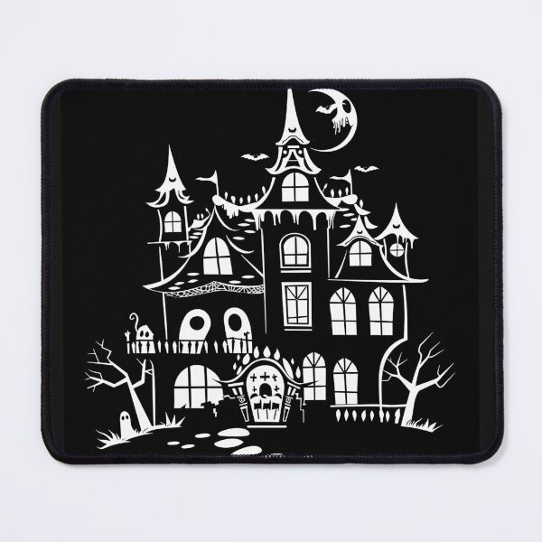 Item preview, Haunted Mansion with Ghosts Bats and Crescent Moon Black and White Halloween Art designed and sold by inkoutninja.