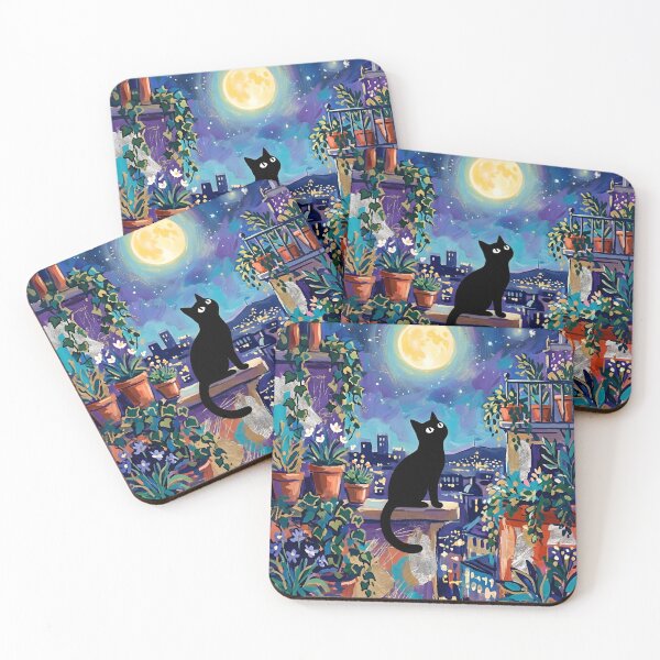 Item preview, Moonlit Rooftop Garden Black Cat Silhouette Matisse Style Art Print designed and sold by DuckOddity.