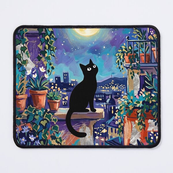 Item preview, Moonlit Rooftop Garden Black Cat Silhouette Matisse Style Art Print designed and sold by DuckOddity.