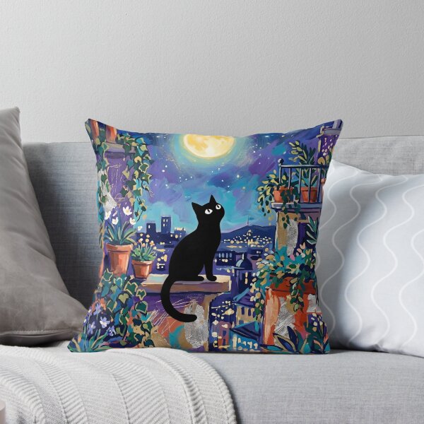 Item preview, Moonlit Rooftop Garden Black Cat Silhouette Matisse Style Art Print designed and sold by DuckOddity.