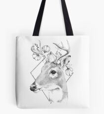 Deer with flowers, black and white Tote Bag