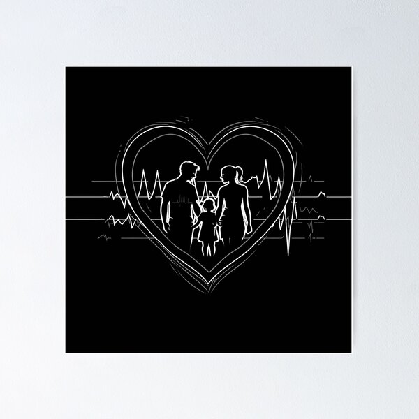 Item preview, Family Heartbeat Love Silhouette with ECG Line Black and White Art Design designed and sold by inkoutninja.