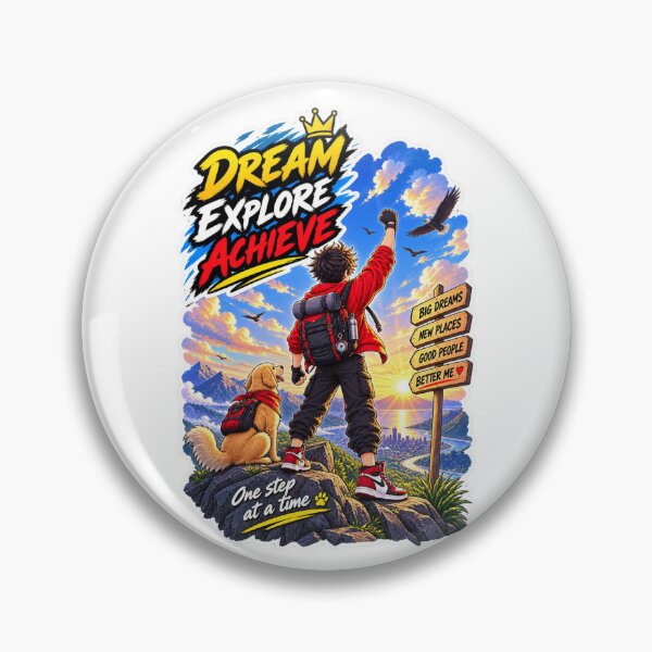 Item preview, Dream Explore Achieve - Motivational Hiker & Golden Retriever Adventure Sticker designed and sold by carestazafeli.