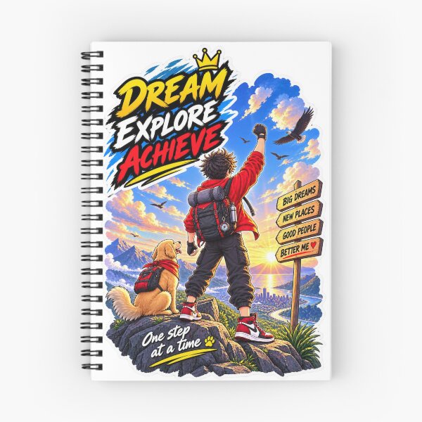 Item preview, Dream Explore Achieve - Motivational Hiker & Golden Retriever Adventure Sticker designed and sold by carestazafeli.