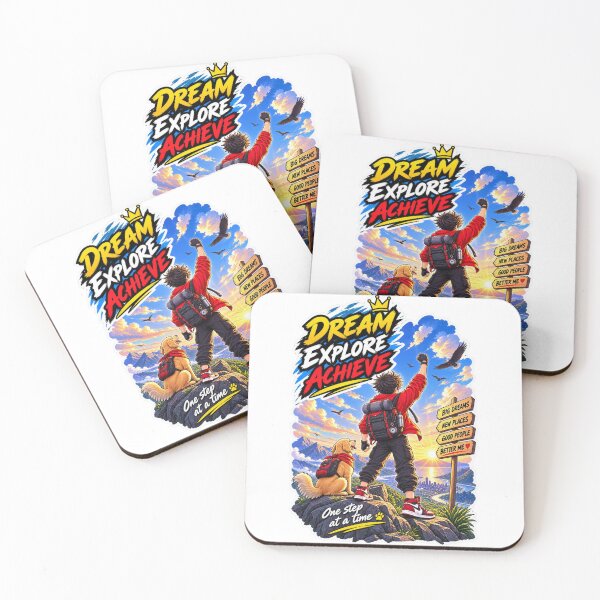 Item preview, Dream Explore Achieve - Motivational Hiker & Golden Retriever Adventure Sticker designed and sold by carestazafeli.