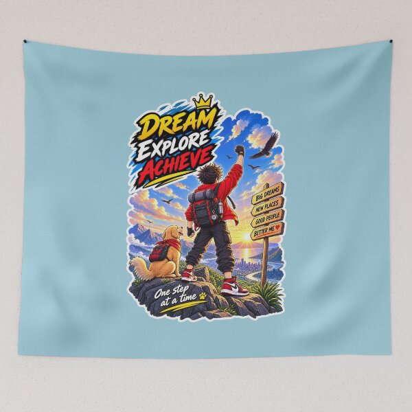 Item preview, Dream Explore Achieve - Motivational Hiker & Golden Retriever Adventure Sticker designed and sold by carestazafeli.