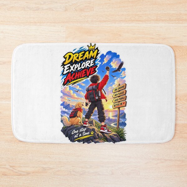 Item preview, Dream Explore Achieve - Motivational Hiker & Golden Retriever Adventure Sticker designed and sold by carestazafeli.