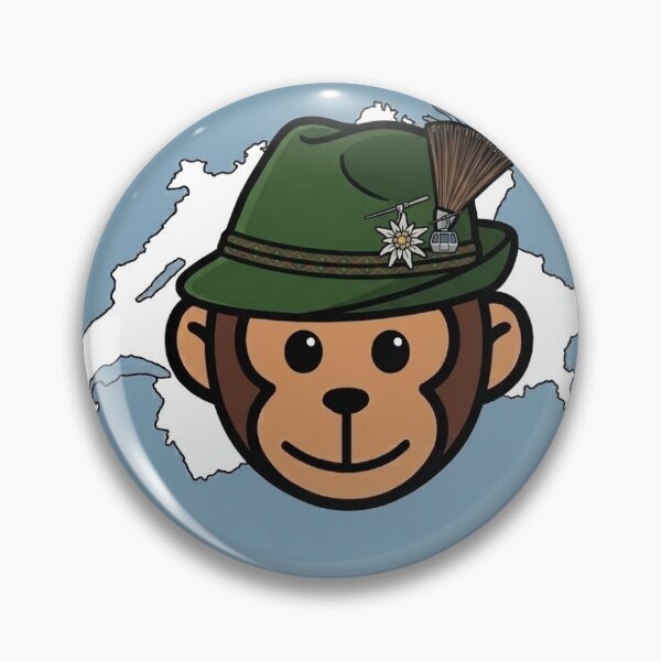 Artikelvorschau, Ein verspielter Reiseaffe mit traditionellem Schweizer Alpenhut mit Edelweiß- und Seilbahnmotiven vor einer Karte der Schweiz entworfen und verkauft von MyMonkeyMerch.