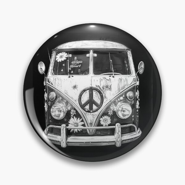 Item preview, Retro Hippie Camper Van with Peace Sign and Flowers Black and White Art designed and sold by inkoutninja.