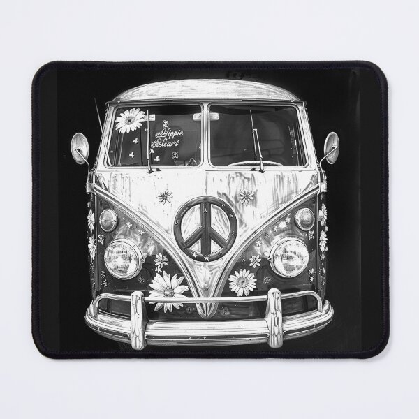 Item preview, Retro Hippie Camper Van with Peace Sign and Flowers Black and White Art designed and sold by inkoutninja.