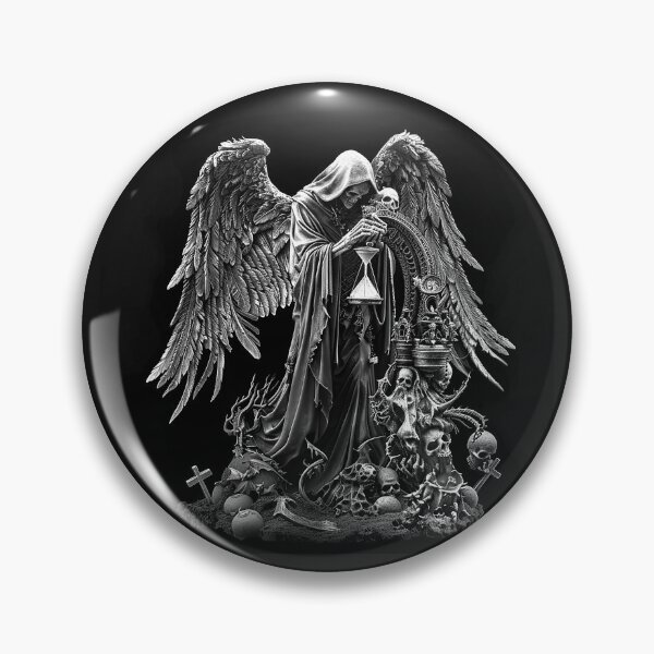 Item preview, Winged Grim Reaper with Hourglass and Skulls Black and White Gothic Death Art designed and sold by inkoutninja.