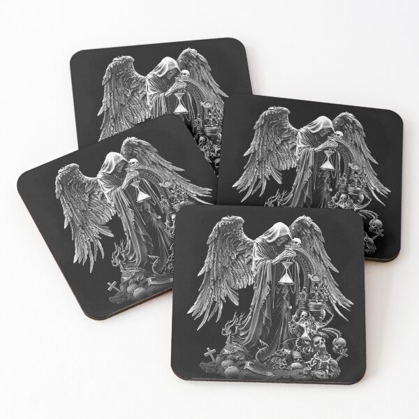 Item preview, Winged Grim Reaper with Hourglass and Skulls Black and White Gothic Death Art designed and sold by inkoutninja.