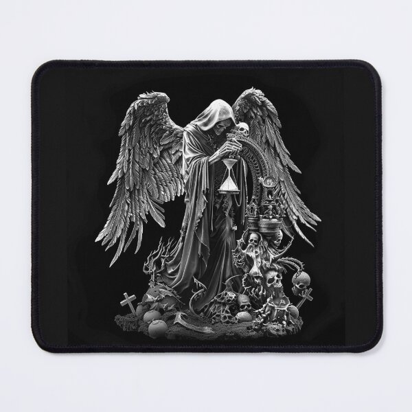 Item preview, Winged Grim Reaper with Hourglass and Skulls Black and White Gothic Death Art designed and sold by inkoutninja.