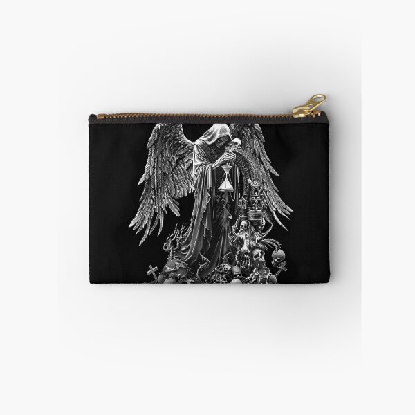 Item preview, Winged Grim Reaper with Hourglass and Skulls Black and White Gothic Death Art designed and sold by inkoutninja.