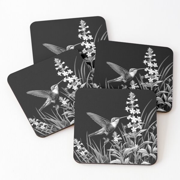 Item preview, Hummingbird Feeding on Wildflowers Black and White Botanical Nature Art designed and sold by inkoutninja.