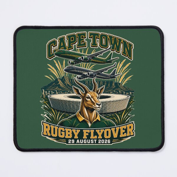 Aperçu de l'œuvre Survol aérien du stade de rugby du Cap - Deux avions de chasse, le stade et les Springboks créée et vendue par Nerd Army.