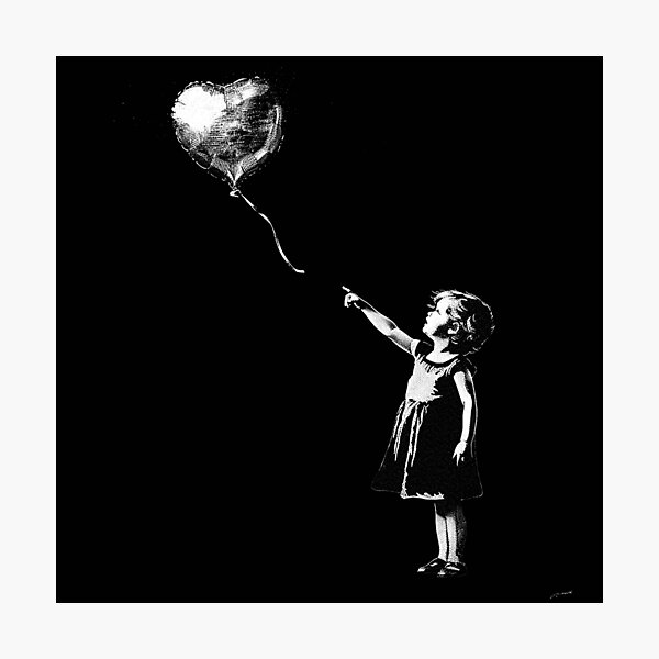 Item preview, Girl Reaching for Heart Balloon Black and White Hope Love Street Art Design designed and sold by inkoutninja.