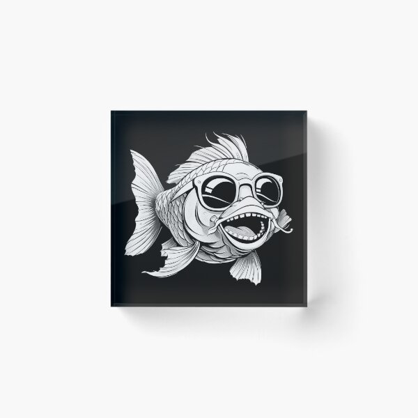 Item preview, Funny Fish with Glasses and Mustache Black and White Cartoon Art Design designed and sold by inkoutninja.