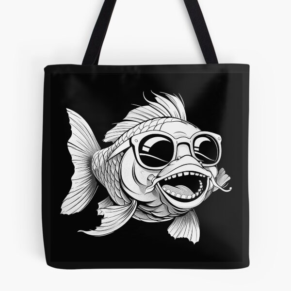 Item preview, Funny Fish with Glasses and Mustache Black and White Cartoon Art Design designed and sold by inkoutninja.