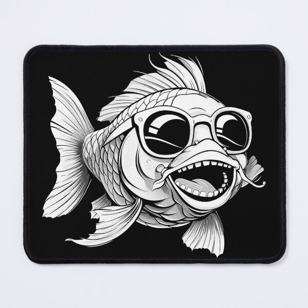 Item preview, Funny Fish with Glasses and Mustache Black and White Cartoon Art Design designed and sold by inkoutninja.
