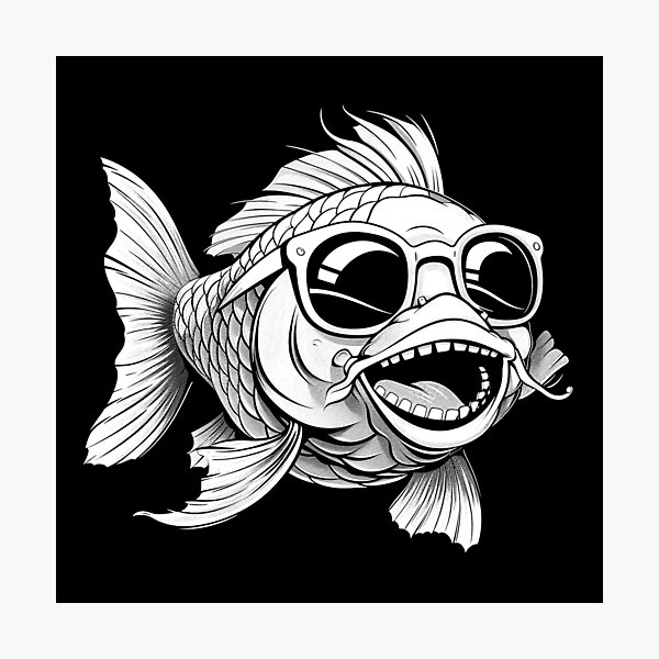 Item preview, Funny Fish with Glasses and Mustache Black and White Cartoon Art Design designed and sold by inkoutninja.