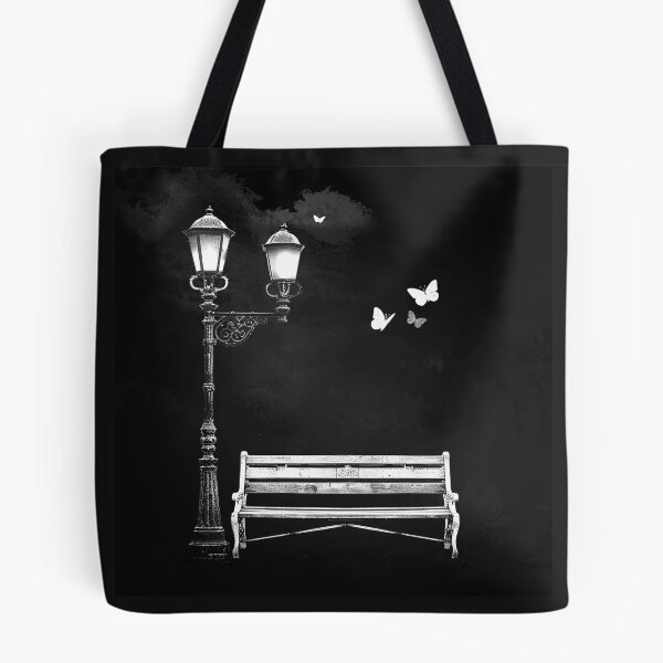 Item preview, Vintage Park Bench with Ornate Street Lamps and Butterflies Black and White Art designed and sold by inkoutninja.