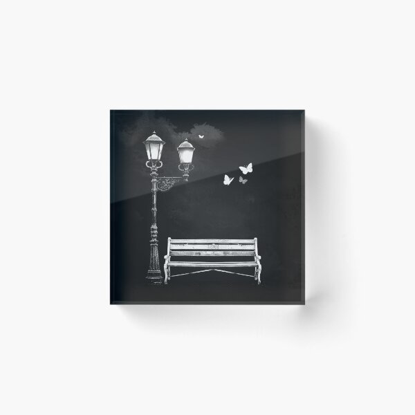 Item preview, Vintage Park Bench with Ornate Street Lamps and Butterflies Black and White Art designed and sold by inkoutninja.
