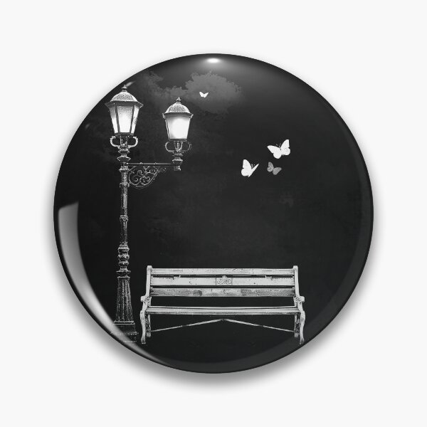 Item preview, Vintage Park Bench with Ornate Street Lamps and Butterflies Black and White Art designed and sold by inkoutninja.