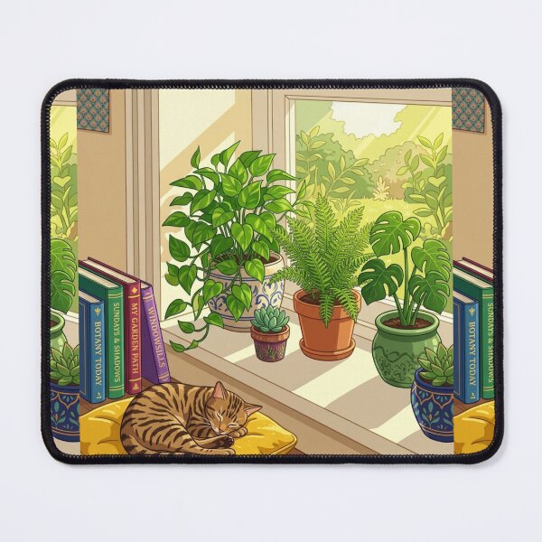 Item preview, Sunlit Windowsill Houseplants Sleeping Cat Illustration designed and sold by Artemis & Woven Collective.