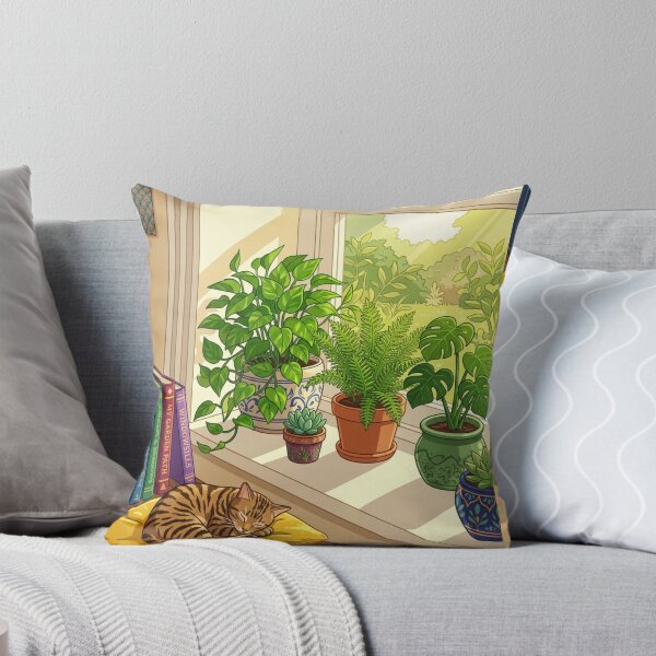 Item preview, Sunlit Windowsill Houseplants Sleeping Cat Illustration designed and sold by Artemis & Woven Collective.