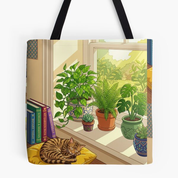 Item preview, Sunlit Windowsill Houseplants Sleeping Cat Illustration designed and sold by Artemis & Woven Collective.