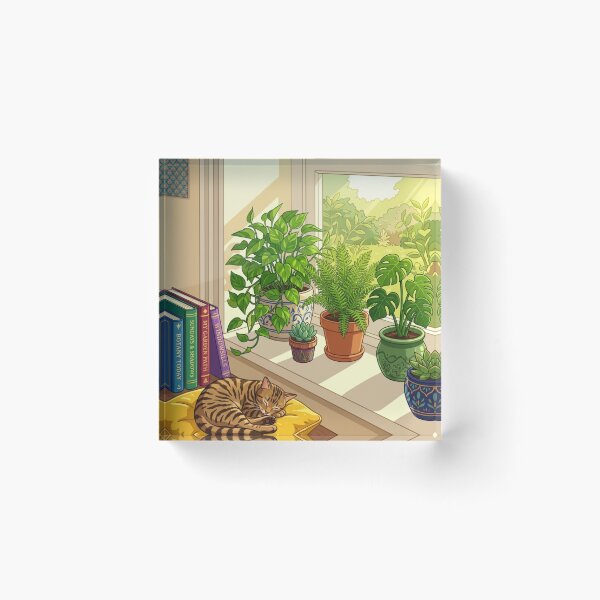 Item preview, Sunlit Windowsill Houseplants Sleeping Cat Illustration designed and sold by Artemis & Woven Collective.