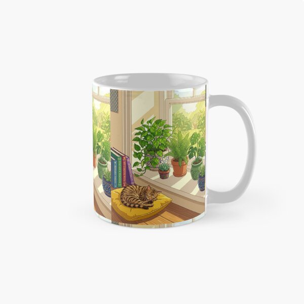 Item preview, Sunlit Windowsill Houseplants Sleeping Cat Illustration designed and sold by Artemis & Woven Collective.
