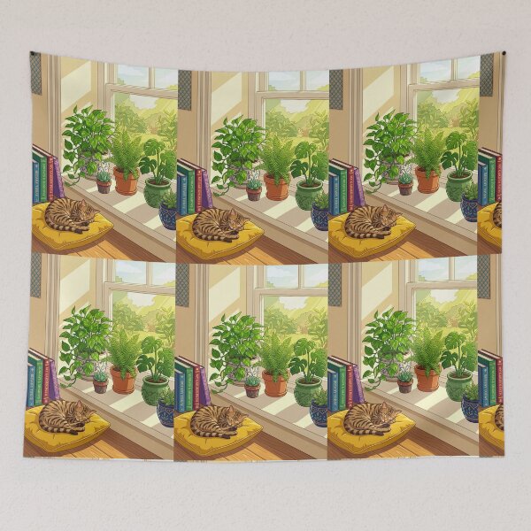 Item preview, Sunlit Windowsill Houseplants Sleeping Cat Illustration designed and sold by Artemis & Woven Collective.