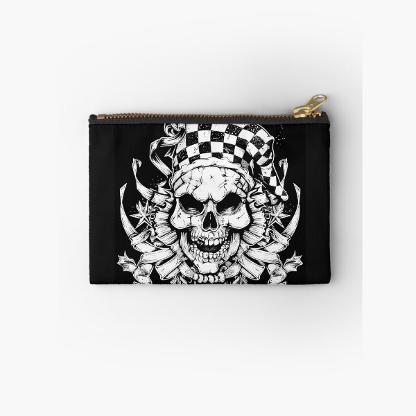 Item preview, Gothic Jester Skull with Checkered Hat Black and White Dark Carnival Art designed and sold by inkoutninja.