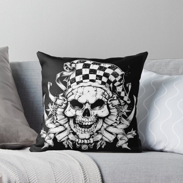 Item preview, Gothic Jester Skull with Checkered Hat Black and White Dark Carnival Art designed and sold by inkoutninja.