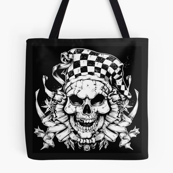 Item preview, Gothic Jester Skull with Checkered Hat Black and White Dark Carnival Art designed and sold by inkoutninja.