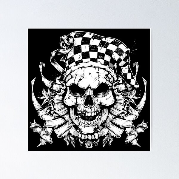 Item preview, Gothic Jester Skull with Checkered Hat Black and White Dark Carnival Art designed and sold by inkoutninja.