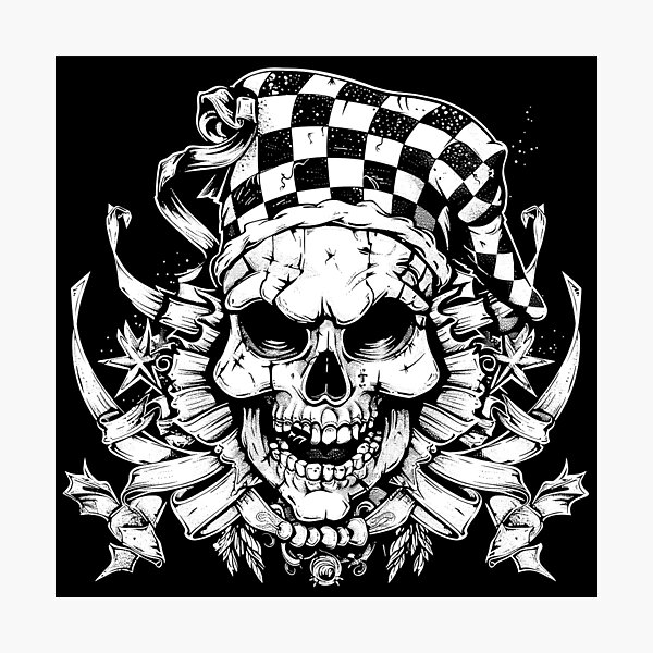 Item preview, Gothic Jester Skull with Checkered Hat Black and White Dark Carnival Art designed and sold by inkoutninja.